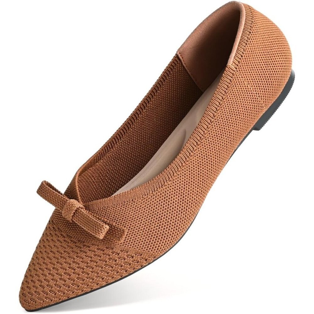 Brown Suede Flats Bow Knit Round Toe Comfortable Ballet Flats for Office Work
